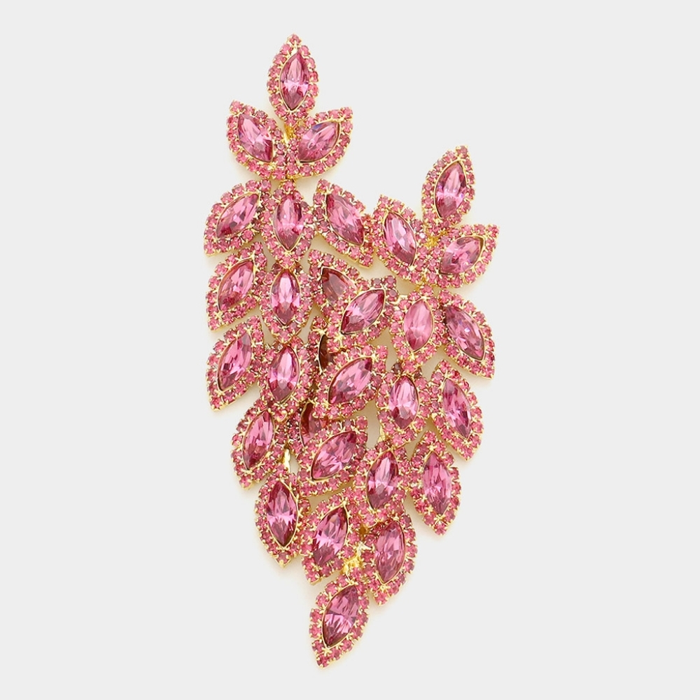 Pink Marquise Crystal Leaf Drop Dangle Earrings 3.25" Chandelier Evening